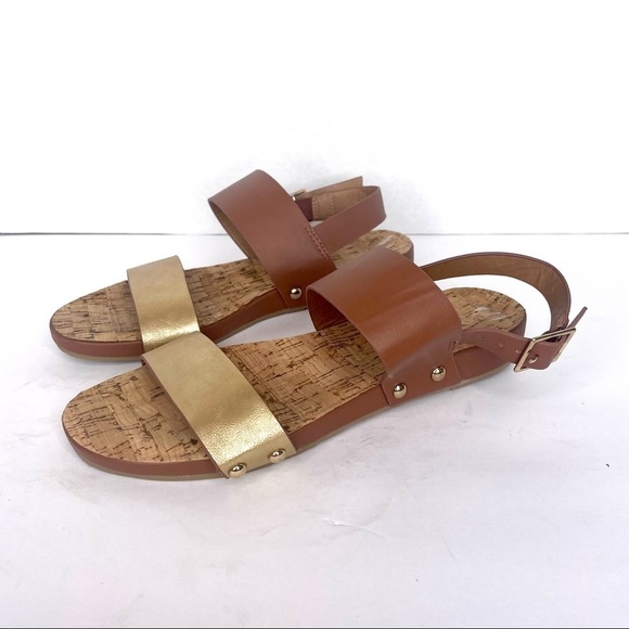 Restricted Gold and Brown Two Strap Open Toe Studded Buckle Sandal Shoes Size 6 - Picture 1 of 12